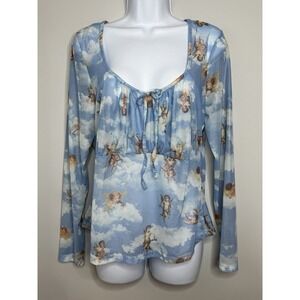 Vintage Rue21 Plus Y2K Angel Cherub Mesh Top 1X‎ Fairycore Festival Cloud Print